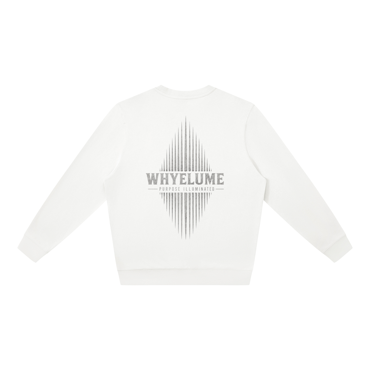 Back view of white WHYELUME Essentials Radiant Mark crewneck with gray radiant burst graphic