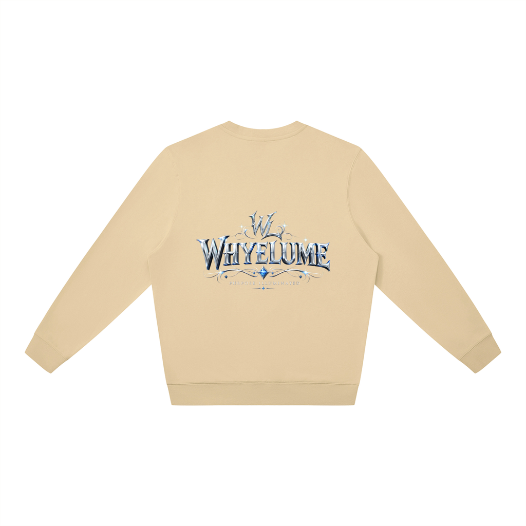 Back view of khaki WHYELUME Silver Crest crewneck sweatshirt with silver crest wordmark graphic