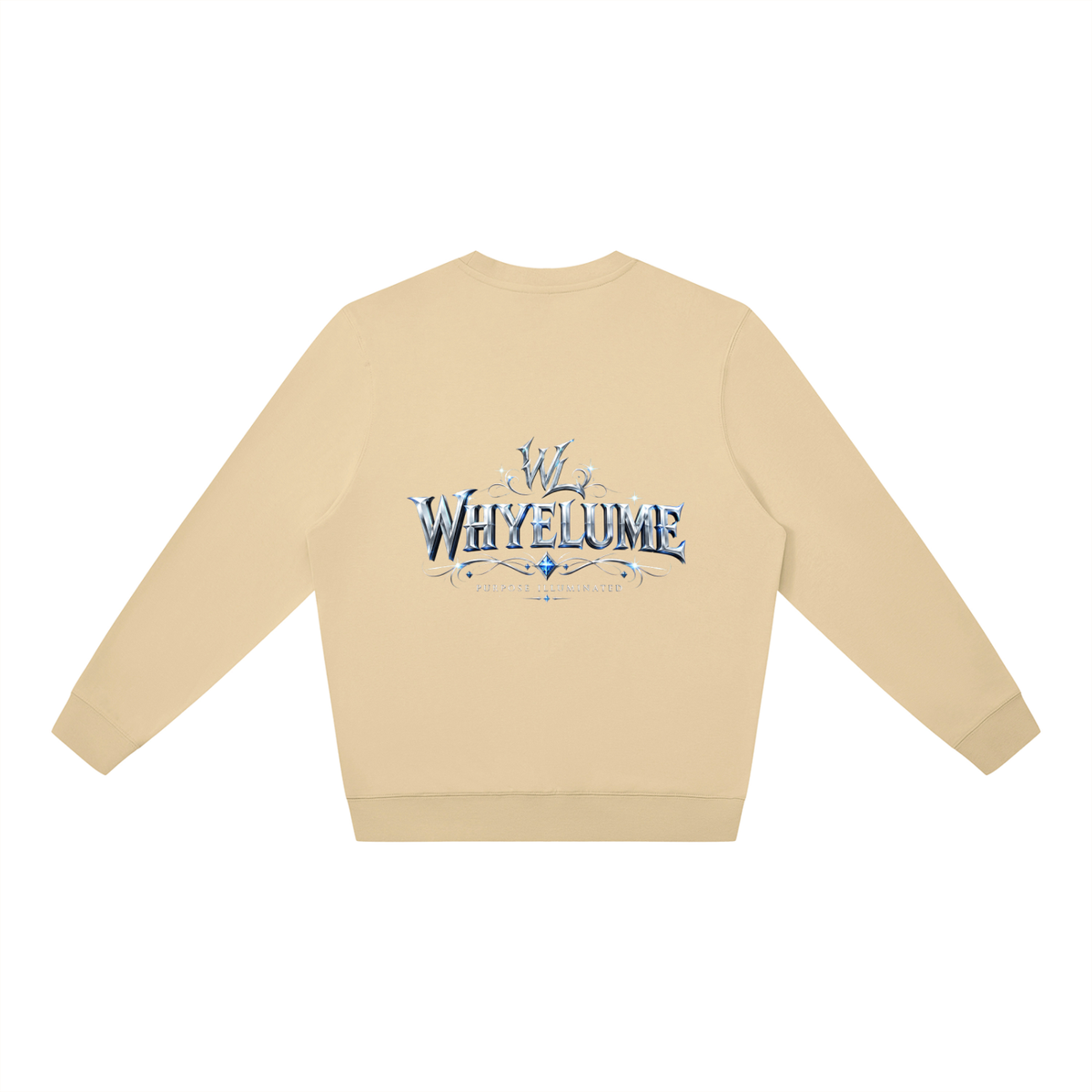 Back view of khaki WHYELUME Silver Crest crewneck sweatshirt with silver crest wordmark graphic