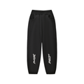 Front view of black WHYELUME Kids Split Mark fleece joggers with white WHYE and LUME graphics on both legs