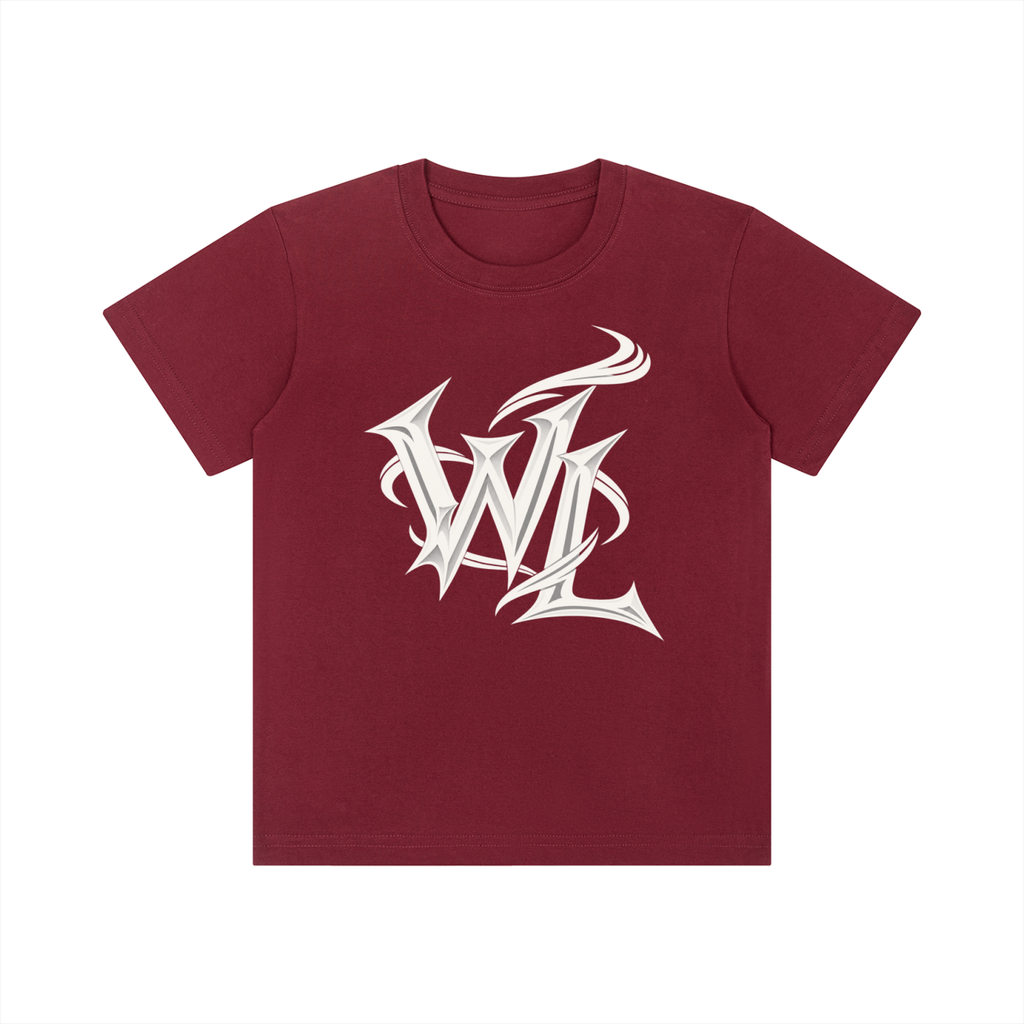 Front view of wine red WHYELUME Kids WL Essential cotton tee with white WL monogram graphic