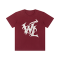 Front view of wine red WHYELUME Kids WL Essential cotton tee with white WL monogram graphic