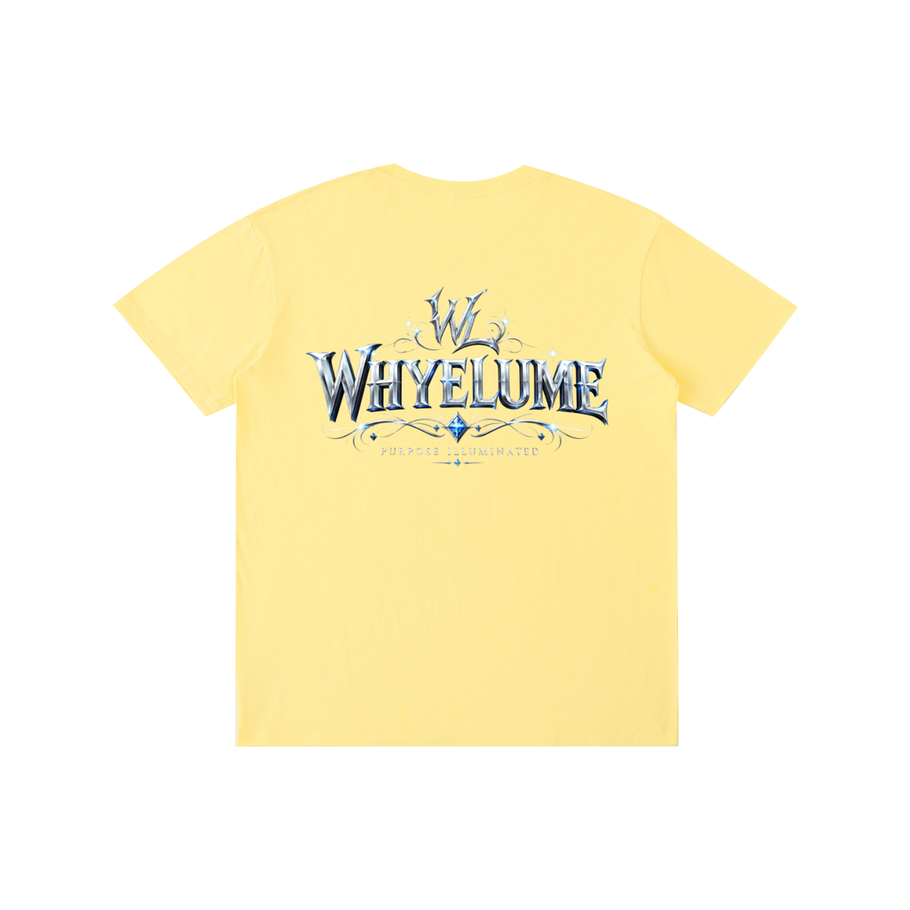 Back view of yellow WHYELUME Silver Crest tee with silver crest wordmark graphic