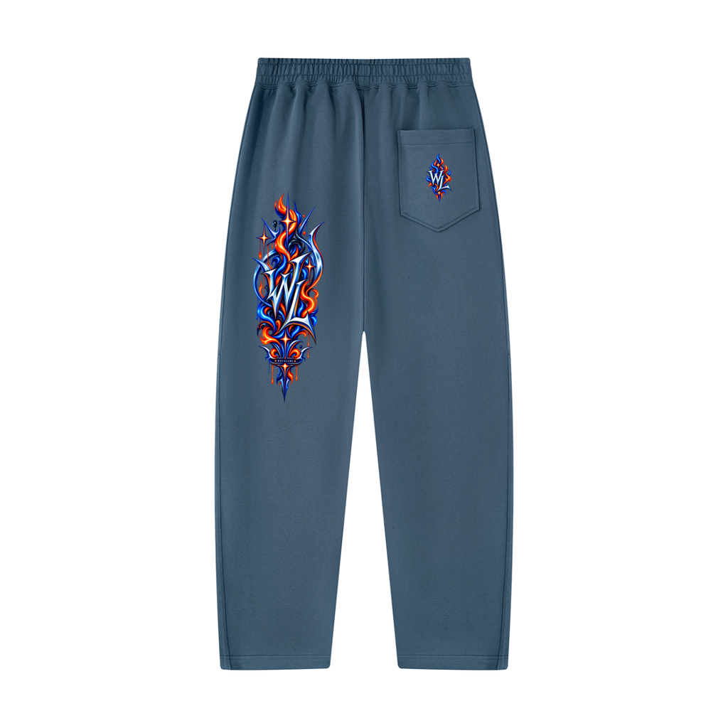 Back view of haze blue WHYELUME Purpose Illuminated sweatpants with blue and orange leg graphic