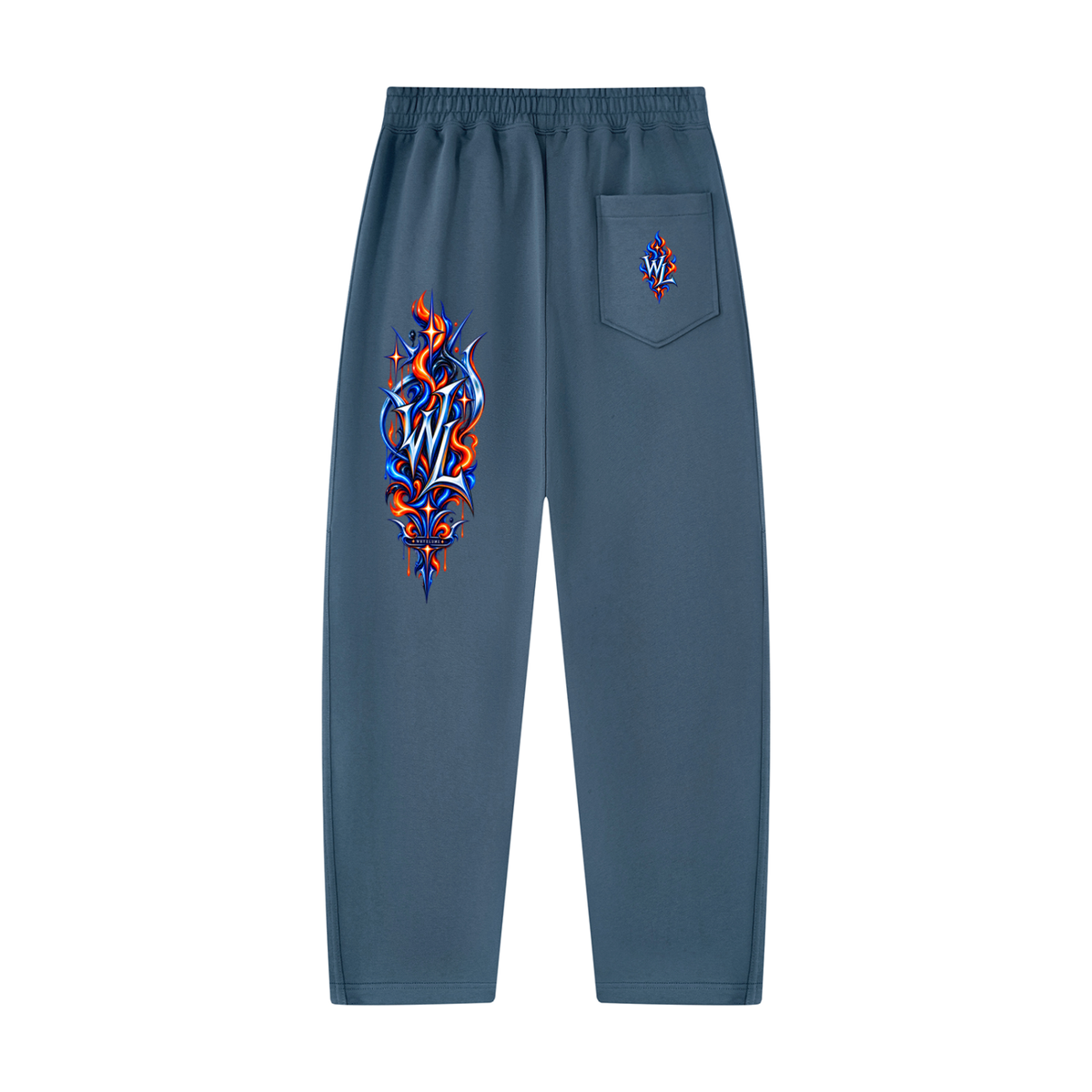 Back view of haze blue WHYELUME Purpose Illuminated sweatpants with blue and orange leg graphic