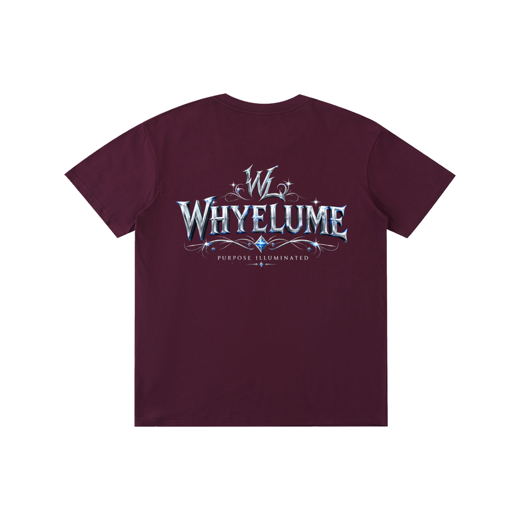 Back view of grape purple WHYELUME Silver Crest tee with silver crest wordmark graphic