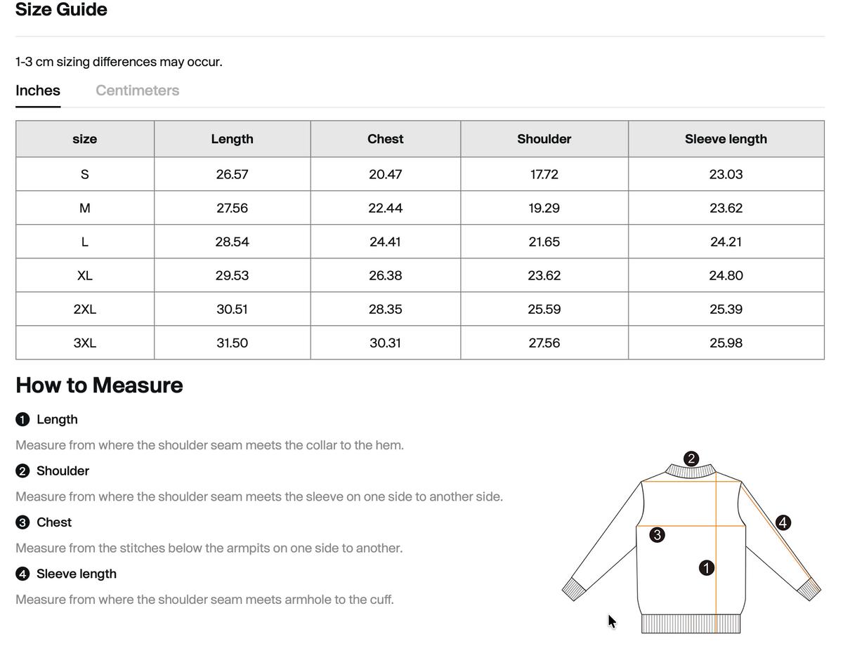 Size chart for WHYELUME Flare Mark oversized crewneck sweatshirt with length, chest, shoulder, and sleeve measurements in inches