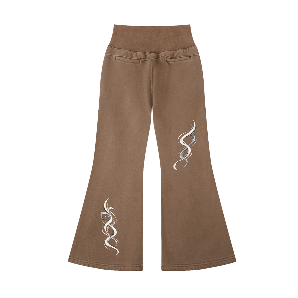 Back view of coffee WHYELUME Purpose Illuminated flared fleece pants with white swirl leg graphic