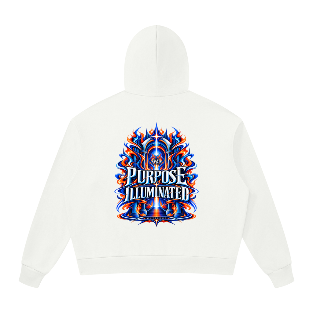 Back view of white WHYELUME Purpose Illuminated full-zip hoodie with large blue and orange Purpose Illuminated graphic