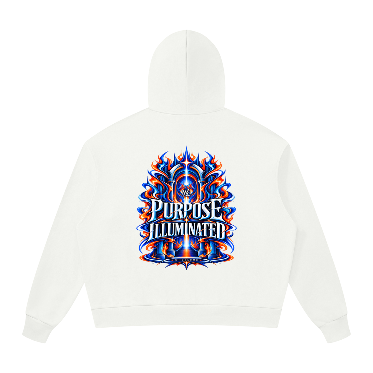 Back view of white WHYELUME Purpose Illuminated full-zip hoodie with large blue and orange Purpose Illuminated graphic