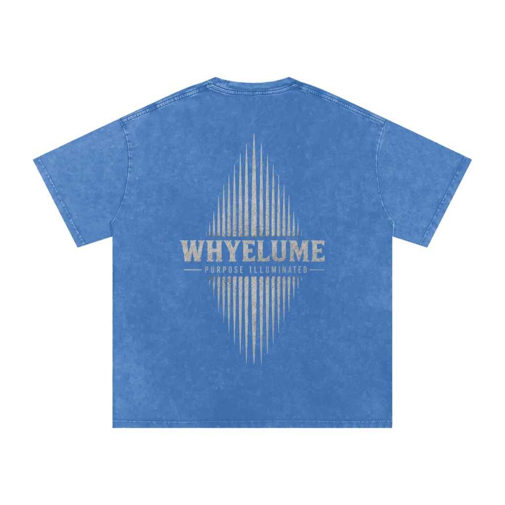 Back view of light blue snow washed WHYELUME Essentials Radiant Mark tee with white radiant burst graphic