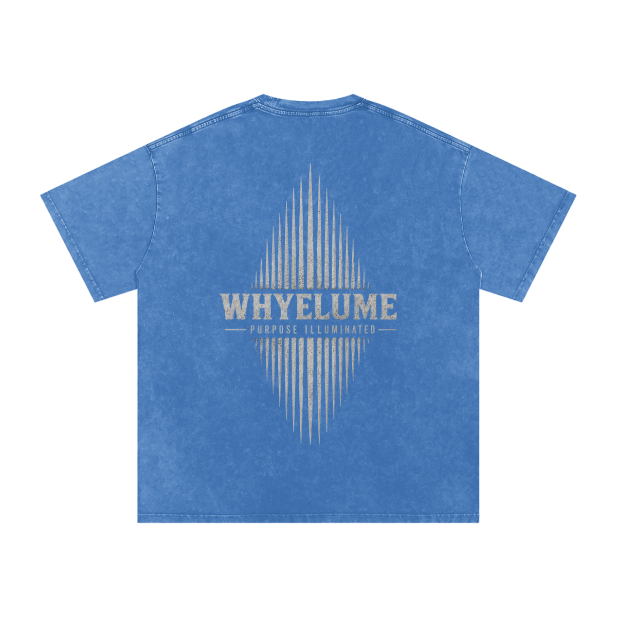 Back view of light blue snow washed WHYELUME Essentials Radiant Mark tee with white radiant burst graphic