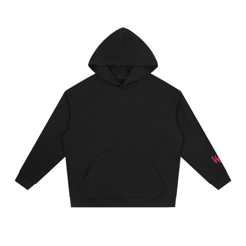 Front view of black WHYELUME Chrome Stack drop-shoulder hoodie with pink sleeve accent graphic