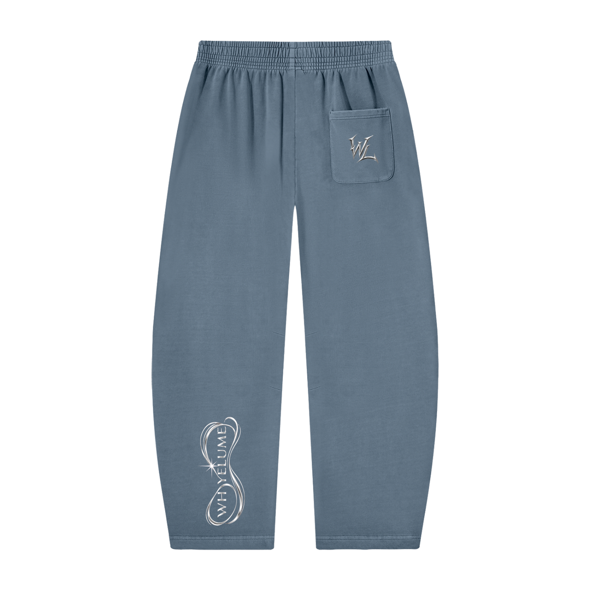 Back view of gray blue WHYELUME Purpose Illuminated barrel-leg sweatpants with white WL pocket mark and lower leg graphic