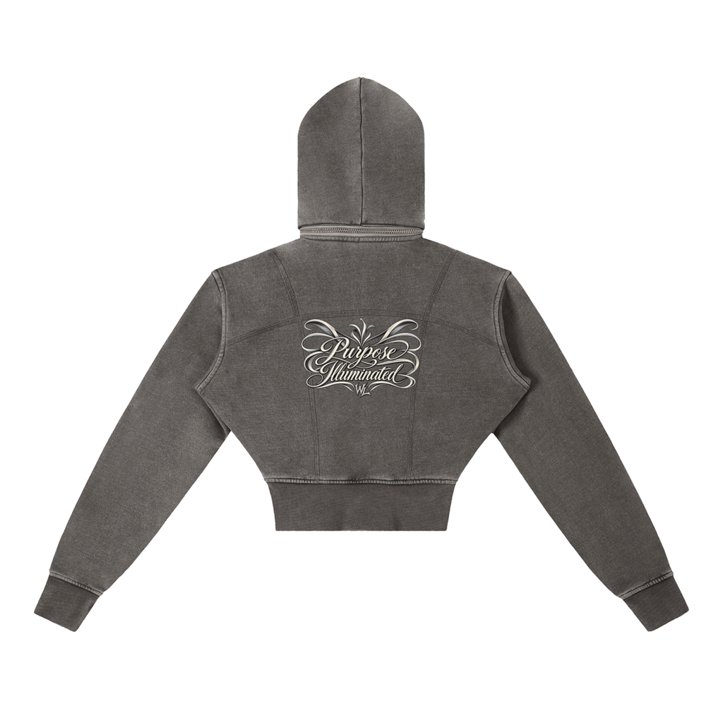 Back view of dark gray WHYELUME Purpose Illuminated cropped fleece hoodie with white script back graphic