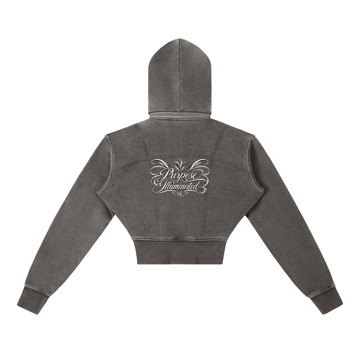 Back view of dark gray WHYELUME Purpose Illuminated cropped fleece hoodie with white script back graphic