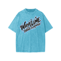 Front view of washed sky blue WHYELUME Kids Marble Motion snow washed tee with blue graffiti logo graphic