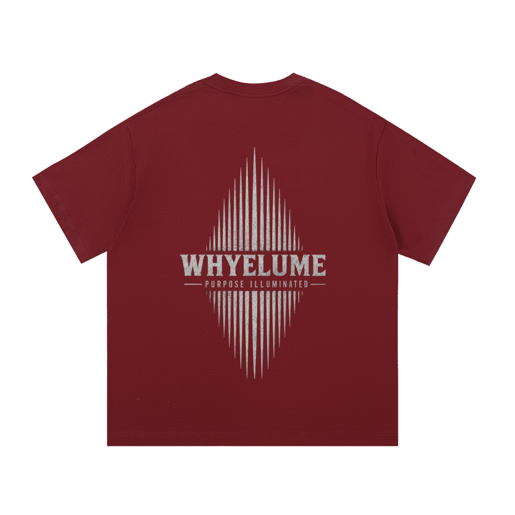 Back view of wine red WHYELUME Essentials Radiant Mark tee with white radiant burst graphic