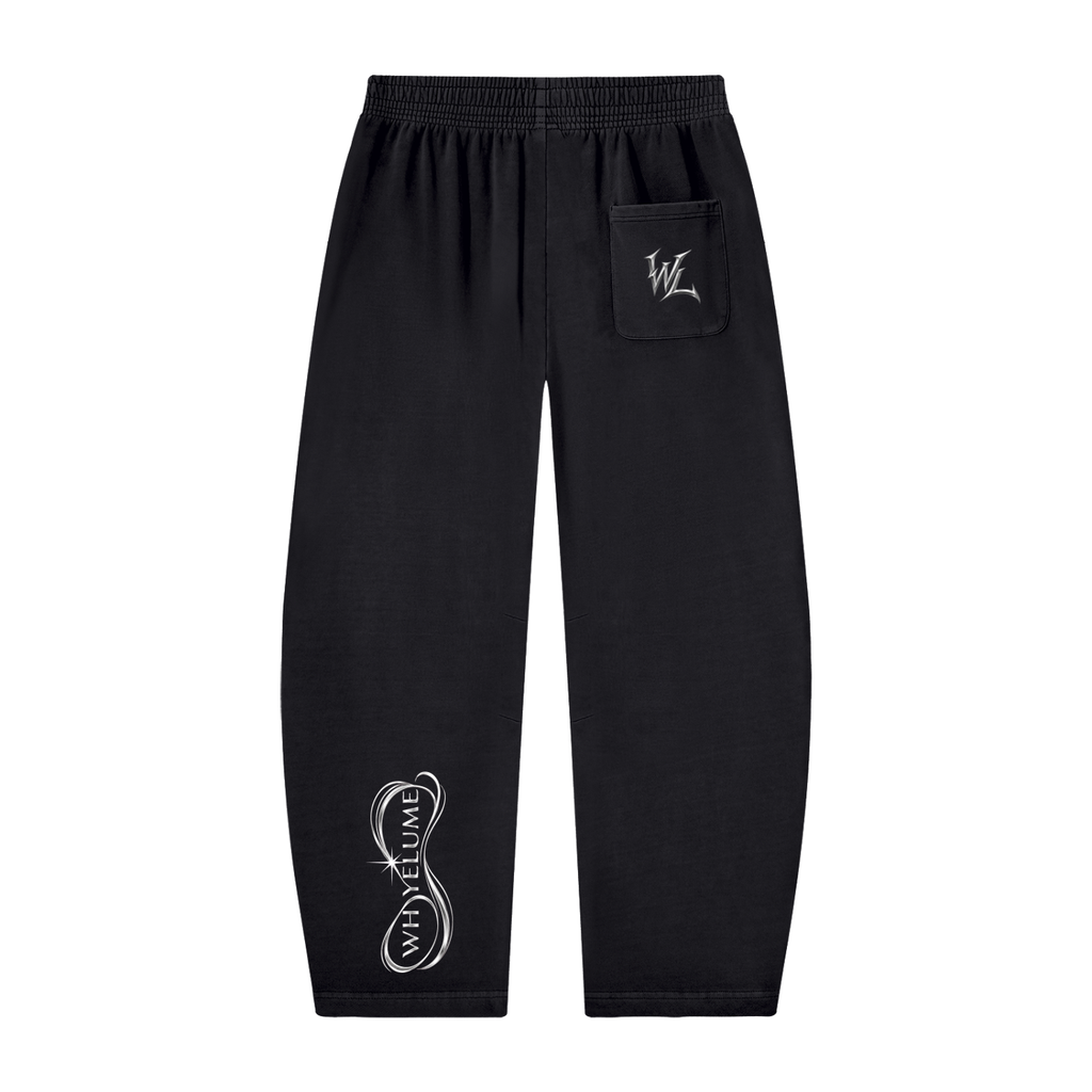 Back view of black WHYELUME Purpose Illuminated barrel-leg sweatpants with white WL pocket mark and lower leg graphic