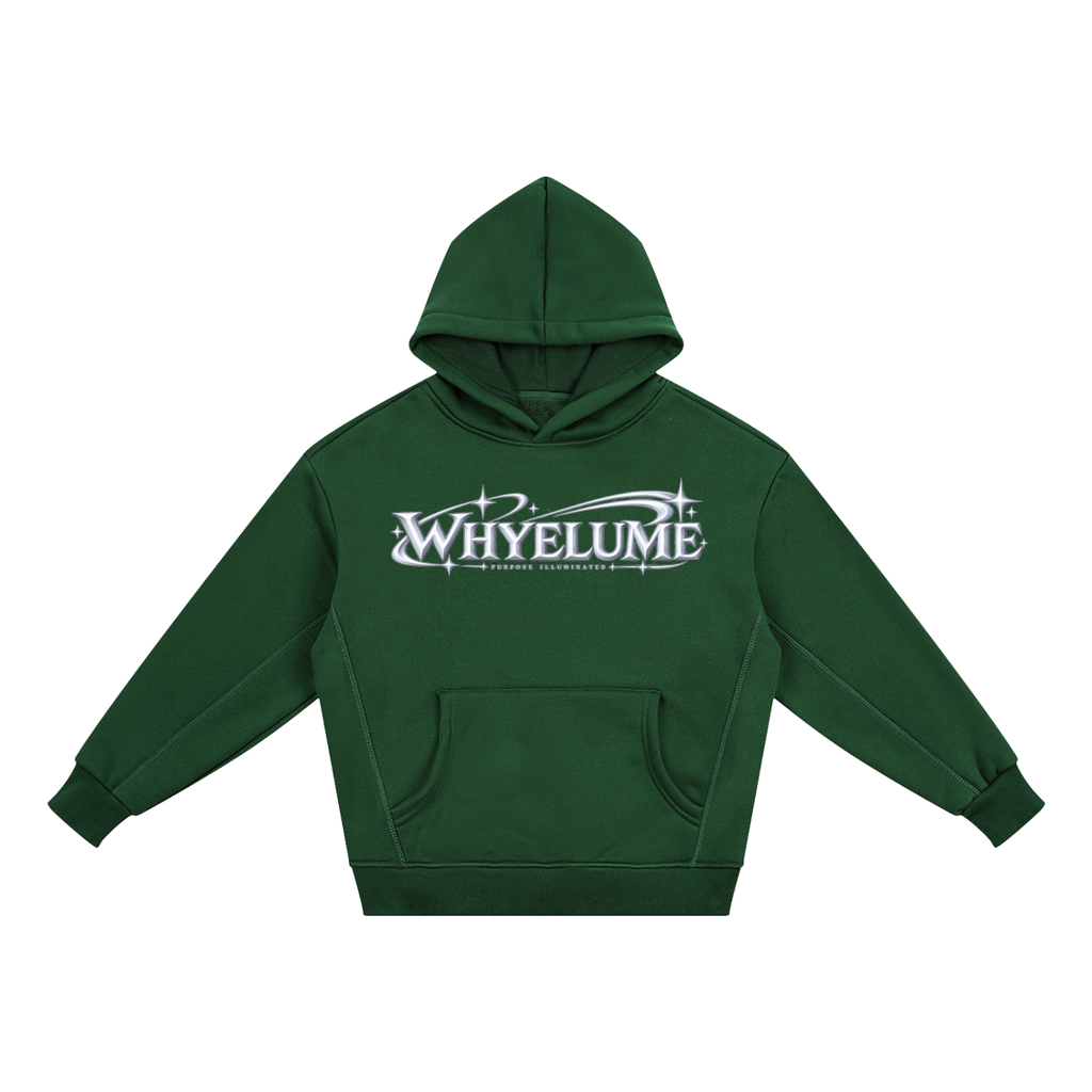 Front view of blackish green WHYELUME Kids Radiant WL fleece hoodie with white WHYELUME wordmark graphic