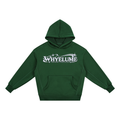 Front view of blackish green WHYELUME Kids Radiant WL fleece hoodie with white WHYELUME wordmark graphic