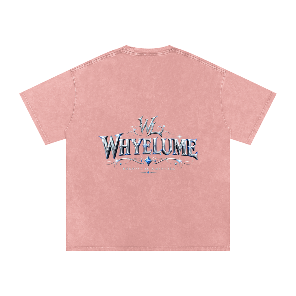 Back view of light pink snow washed WHYELUME Silver Crest tee with silver crest wordmark graphic