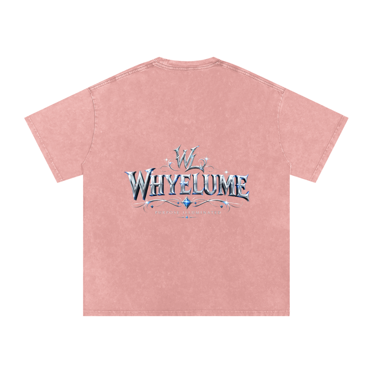 Back view of light pink snow washed WHYELUME Silver Crest tee with silver crest wordmark graphic