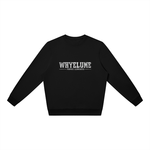 Front view of black WHYELUME Essentials Radiant Mark crewneck with small white wordmark chest graphic