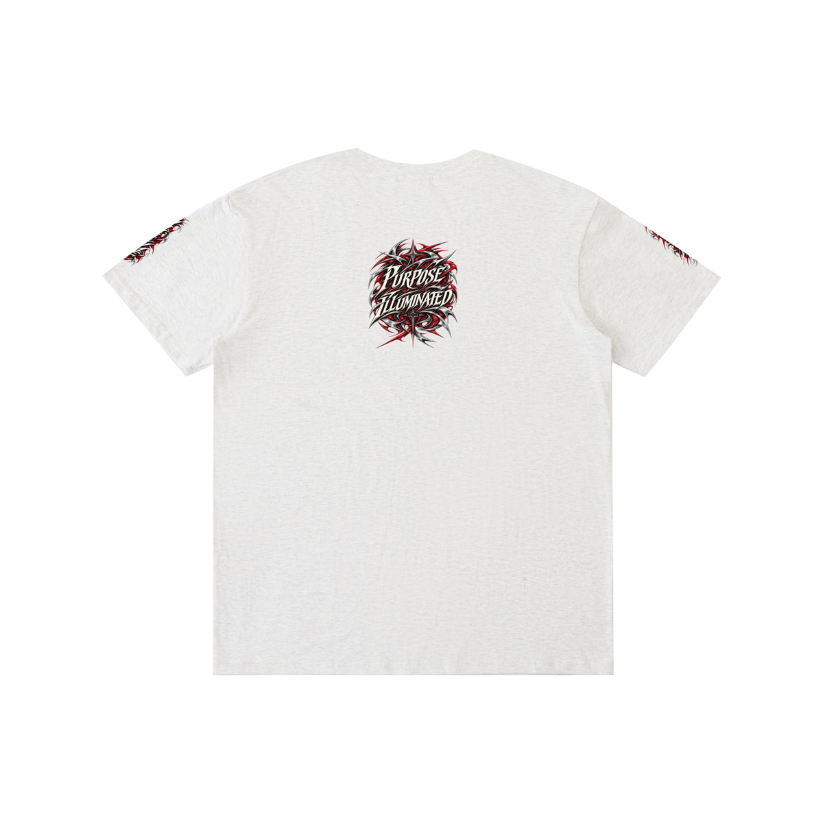 Back view of flower gray WHYELUME Purpose Illuminated pure cotton tee with small red circular graphic