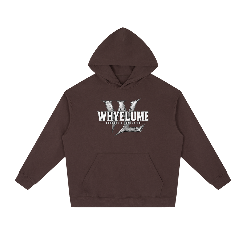 Front view of ume purple WHYELUME Essential heavyweight drop-shoulder hoodie with white wordmark and WL burst chest graphic