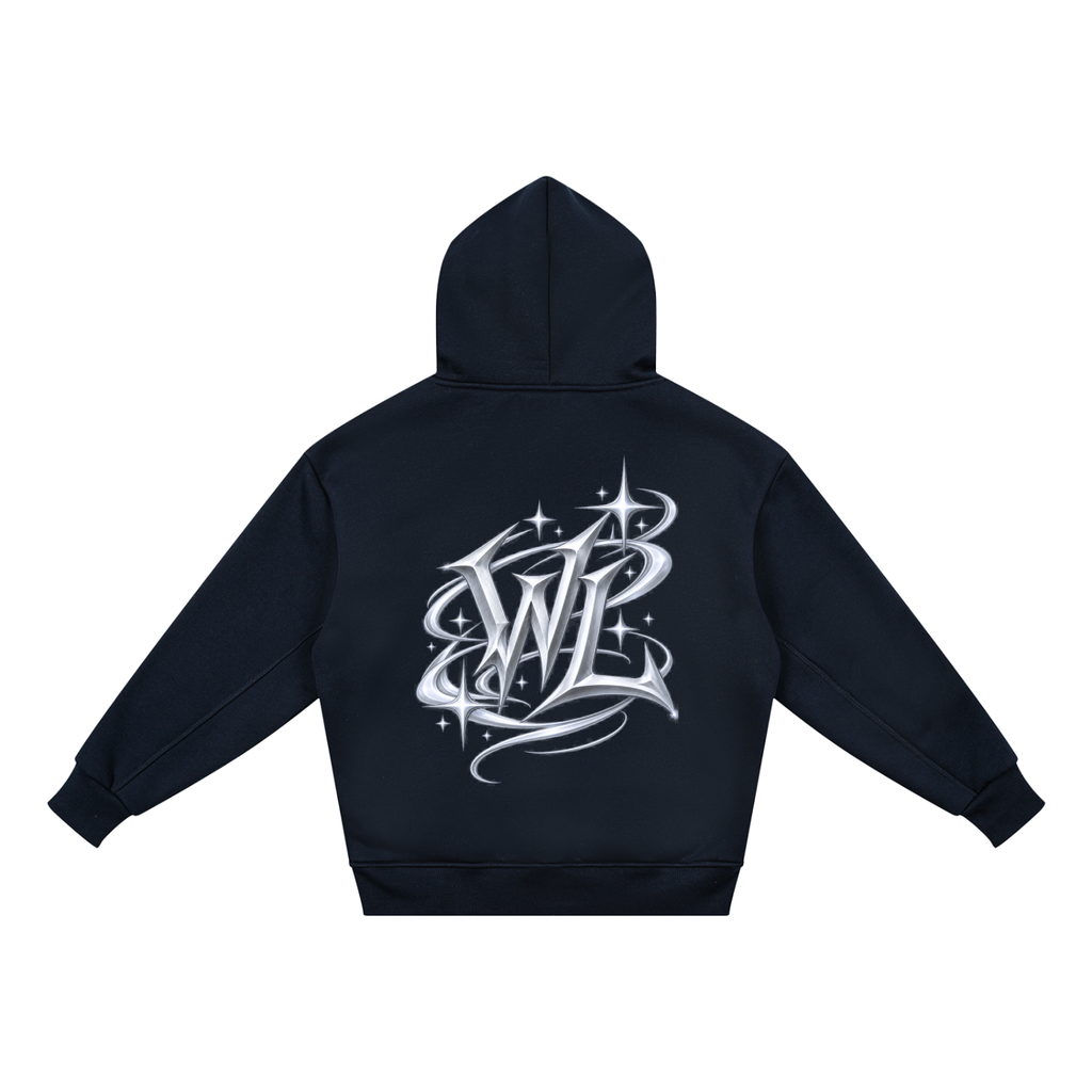 Back view of navy blue WHYELUME Kids Radiant WL hoodie with white WL monogram graphic