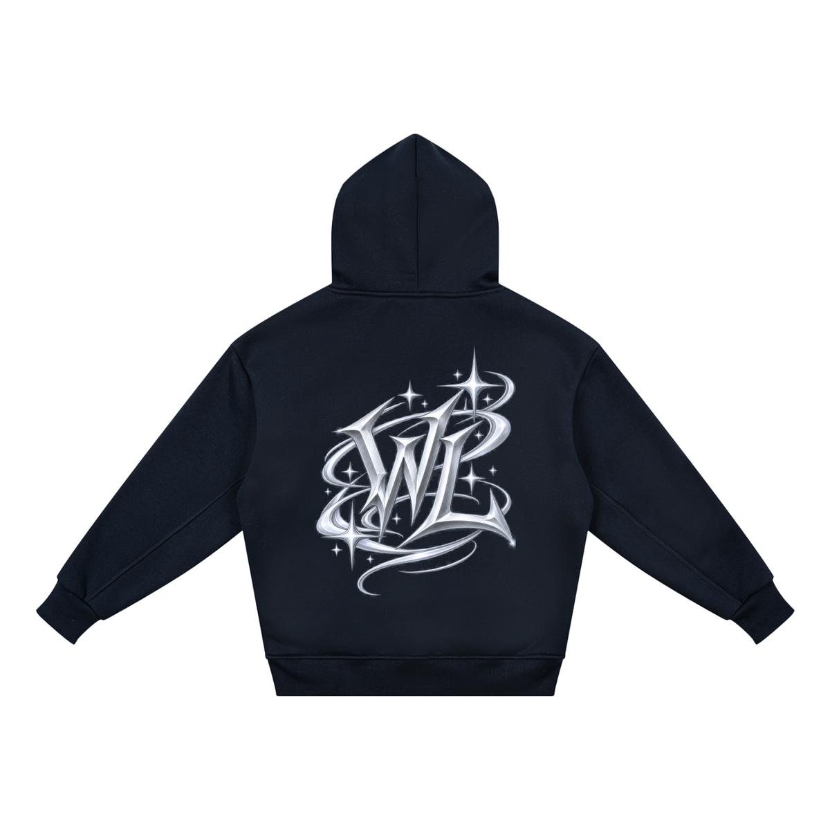 Back view of navy blue WHYELUME Kids Radiant WL hoodie with white WL monogram graphic