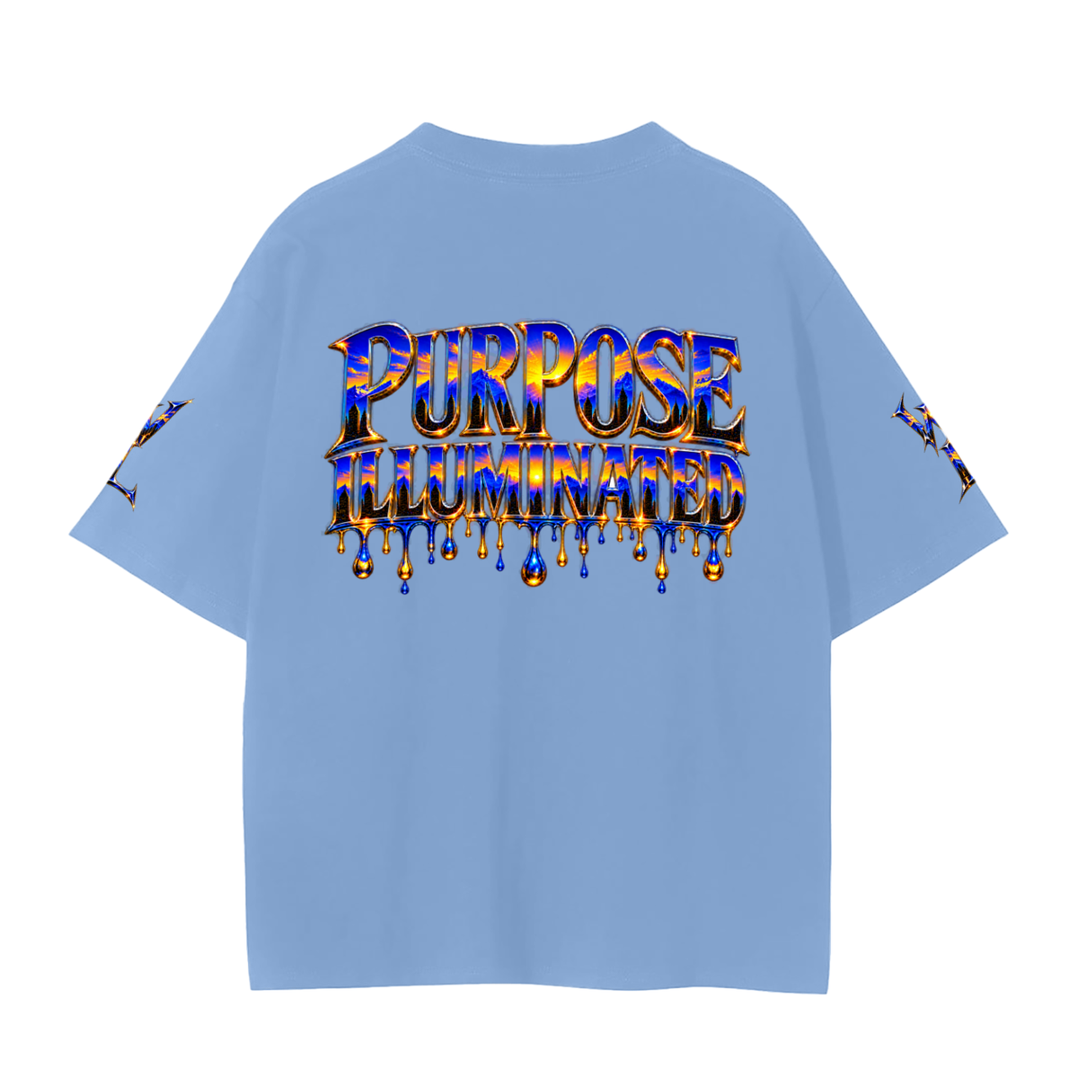 Back view of sky blue WHYELUME Purpose Illuminated seamless tee with blue and gold Purpose Illuminated drip graphic