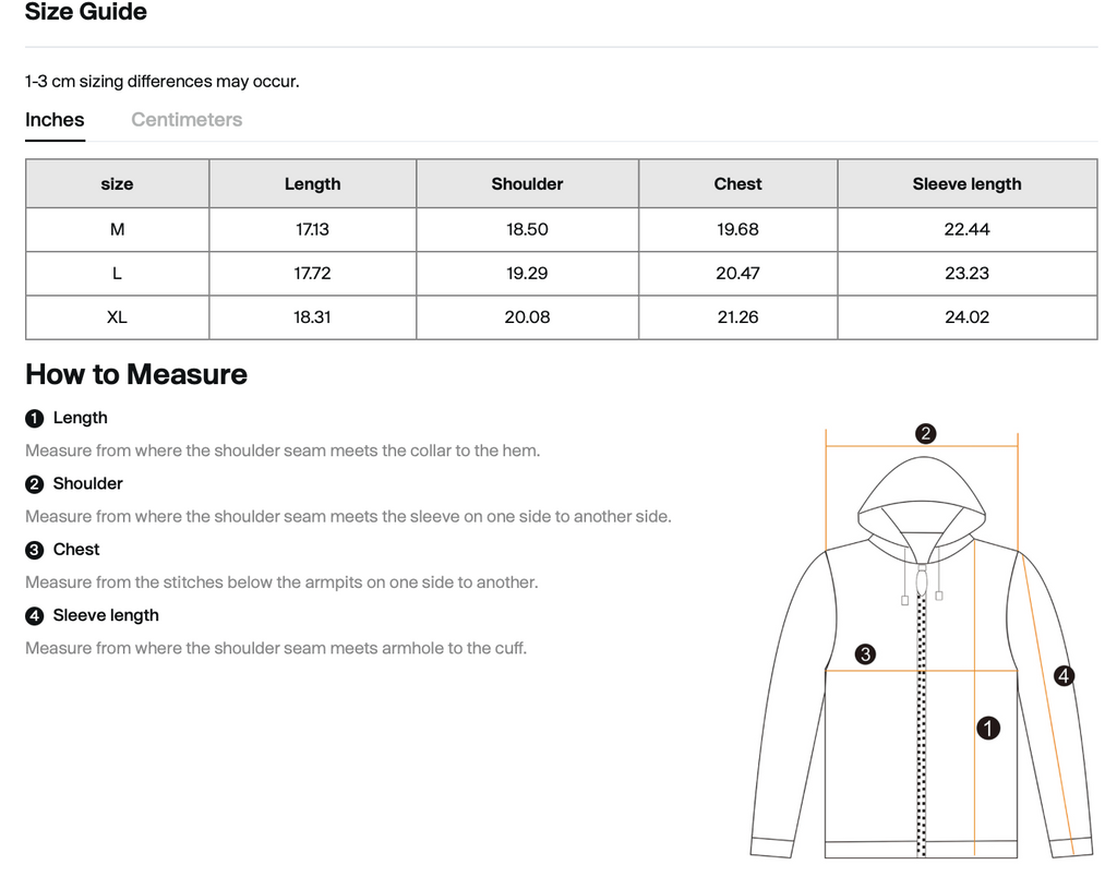 Size chart for WHYELUME Purpose Illuminated vintage washed cropped fleece hoodie with length, shoulder, chest, and sleeve measurements in inches