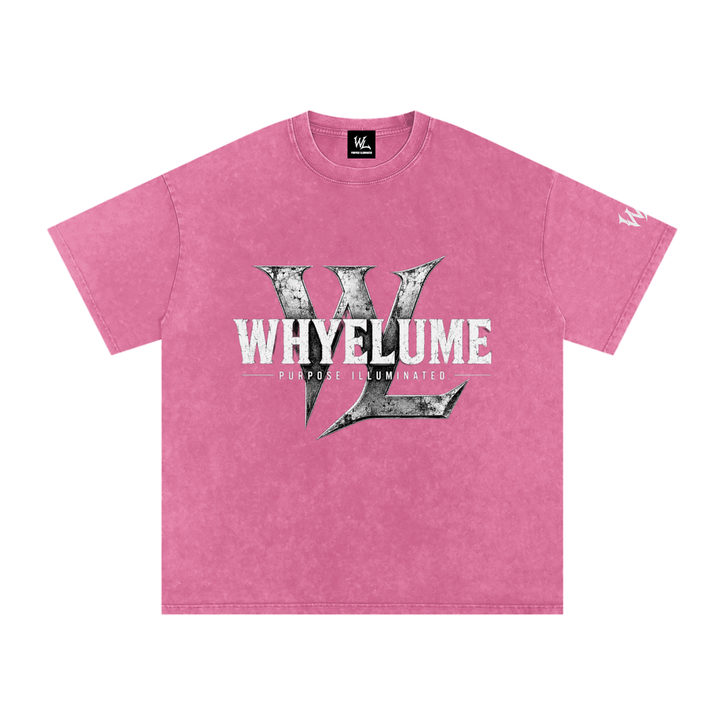 Front view of rose red snow washed WHYELUME Weathered Mark oversized tee with white weathered wordmark and WL graphic