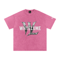 Front view of rose red snow washed WHYELUME Weathered Mark oversized tee with white weathered wordmark and WL graphic