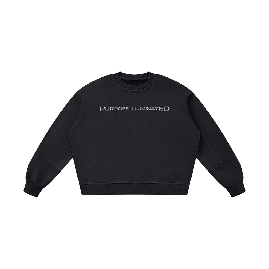 Front view of black WHYELUME Purpose Illuminated vintage washed crewneck sweatshirt with white Purpose Illuminated chest text