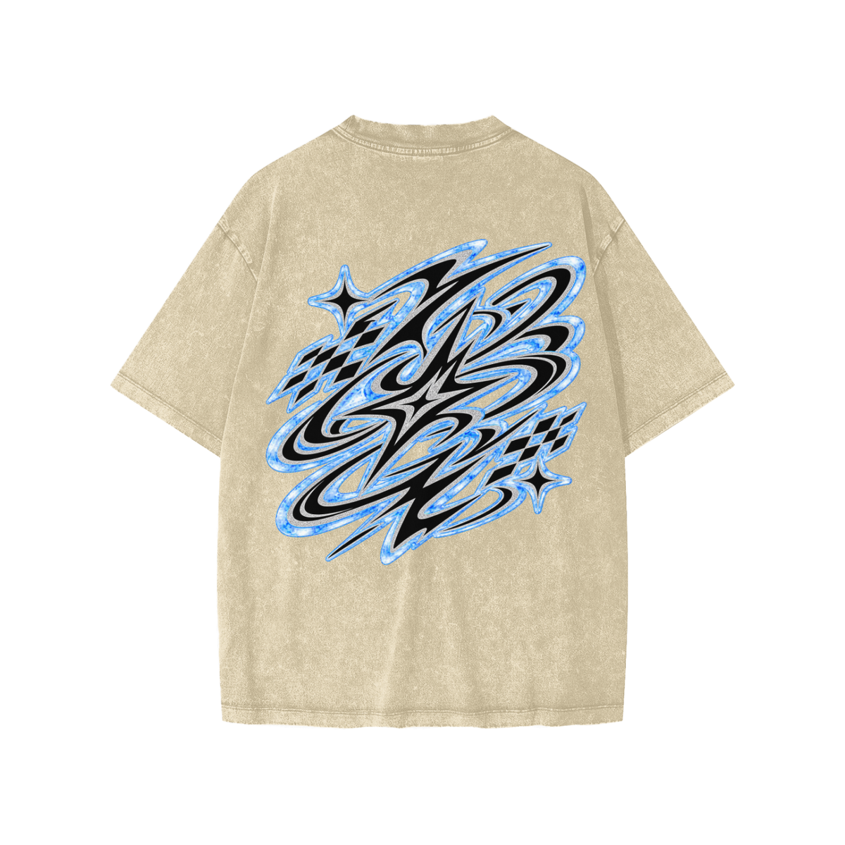 Back view of washed khaki WHYELUME Kids Marble Motion tee with blue swirl graphic