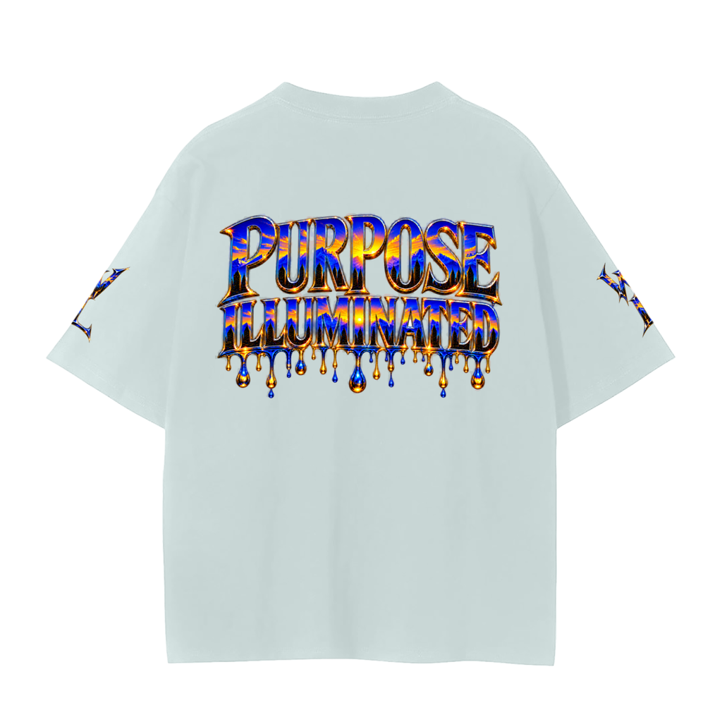 Back view of light green WHYELUME Purpose Illuminated seamless tee with blue and gold Purpose Illuminated drip graphic