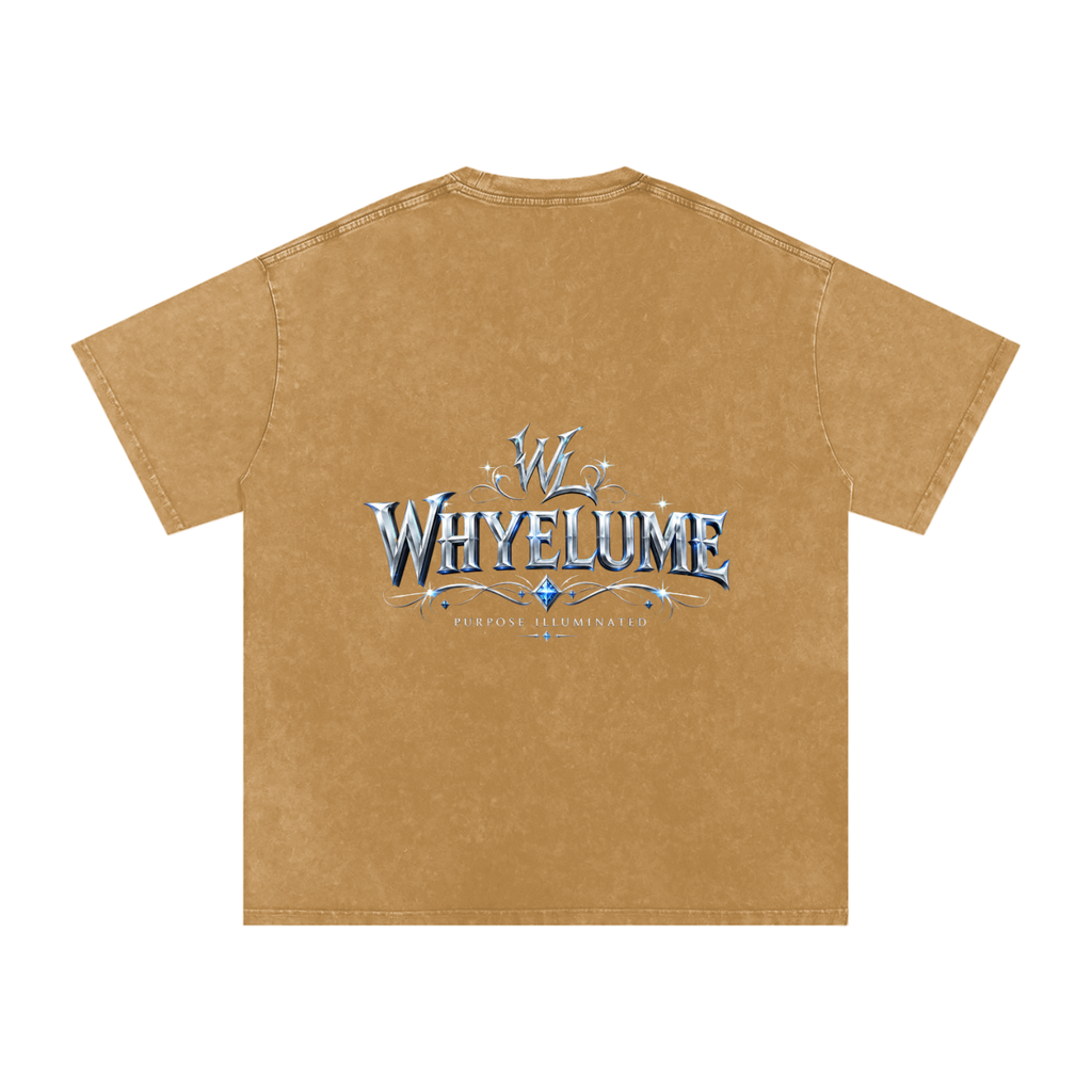 Back view of light brown snow washed WHYELUME Silver Crest tee with silver crest wordmark graphic