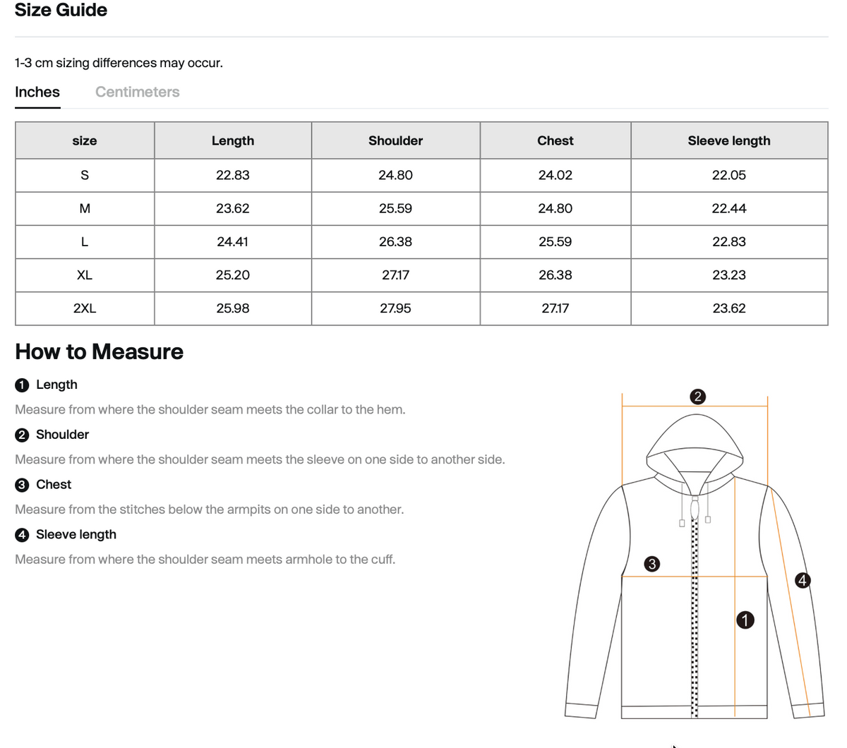 Size chart for WHYELUME Purpose Illuminated dirty washed fleece hoodie with length, shoulder, chest, and sleeve measurements in inches