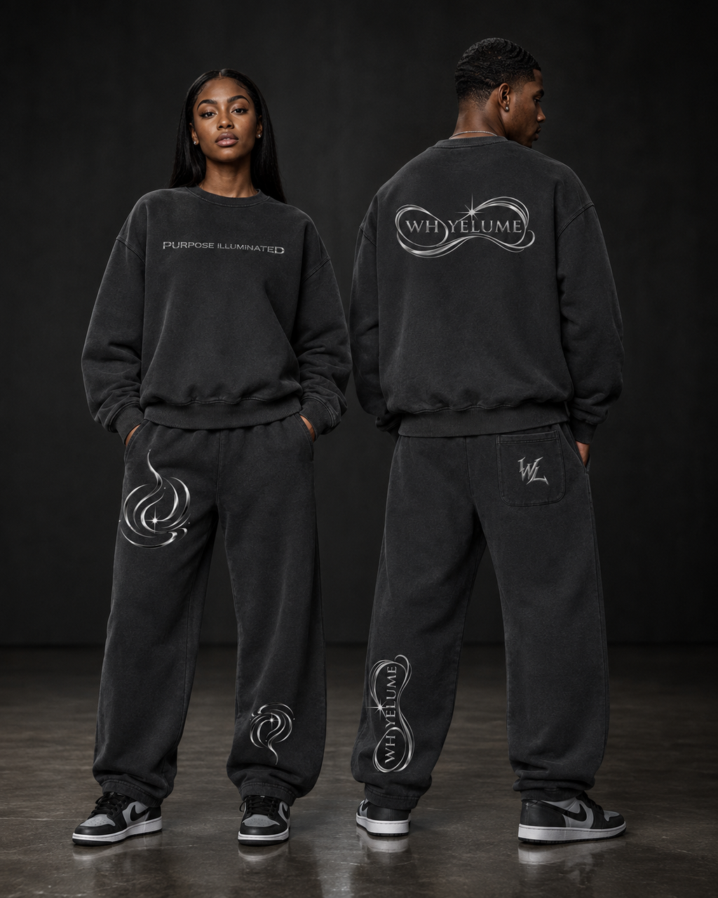 Man and woman wearing WHYELUME Purpose Illuminated vintage washed crewnecks and matching sweatpants