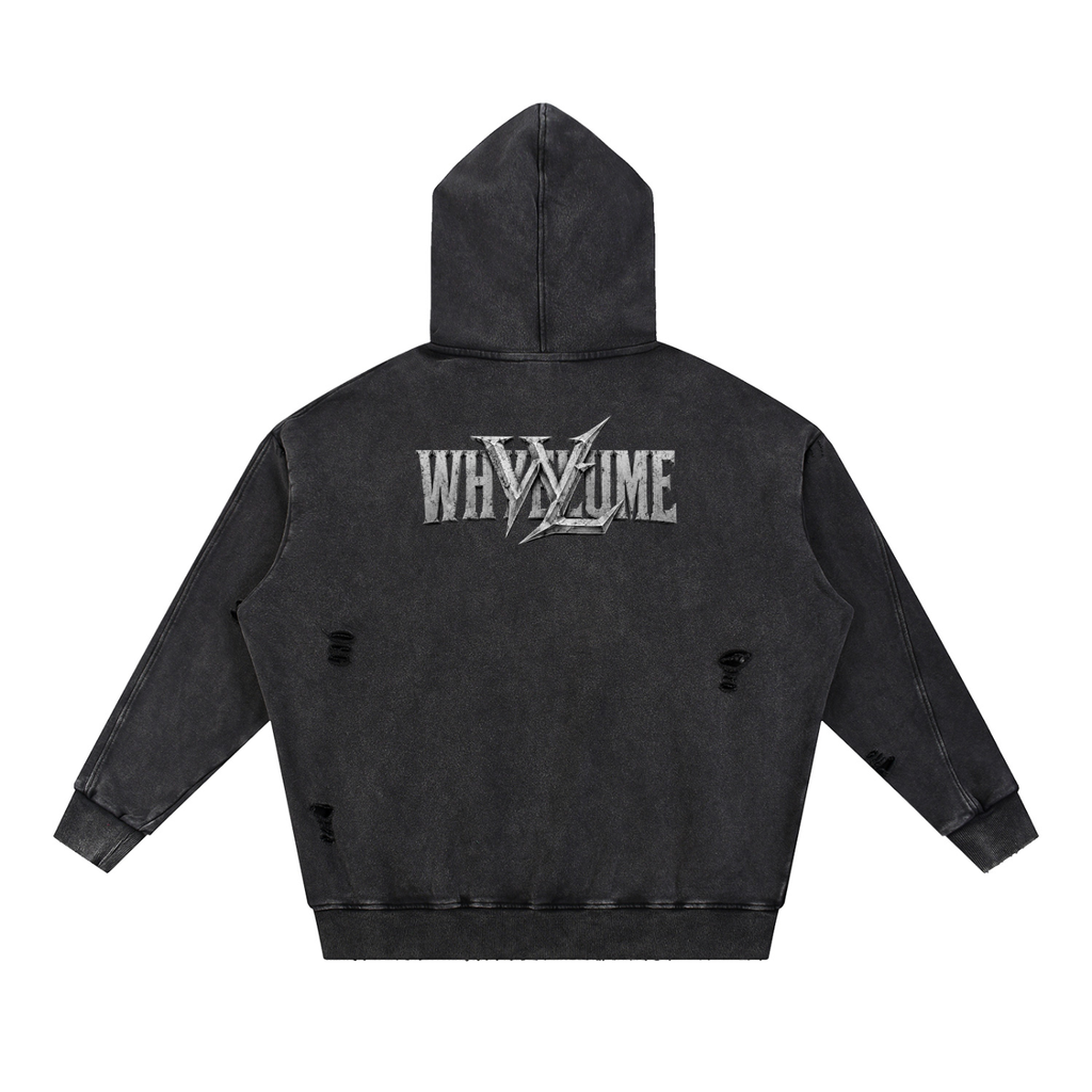 Back view of black snow washed WHYELUME Forged Mark distressed hoodie with weathered stone wordmark and WL blade graphic
