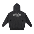Back view of black snow washed WHYELUME Forged Mark distressed hoodie with weathered stone wordmark and WL blade graphic