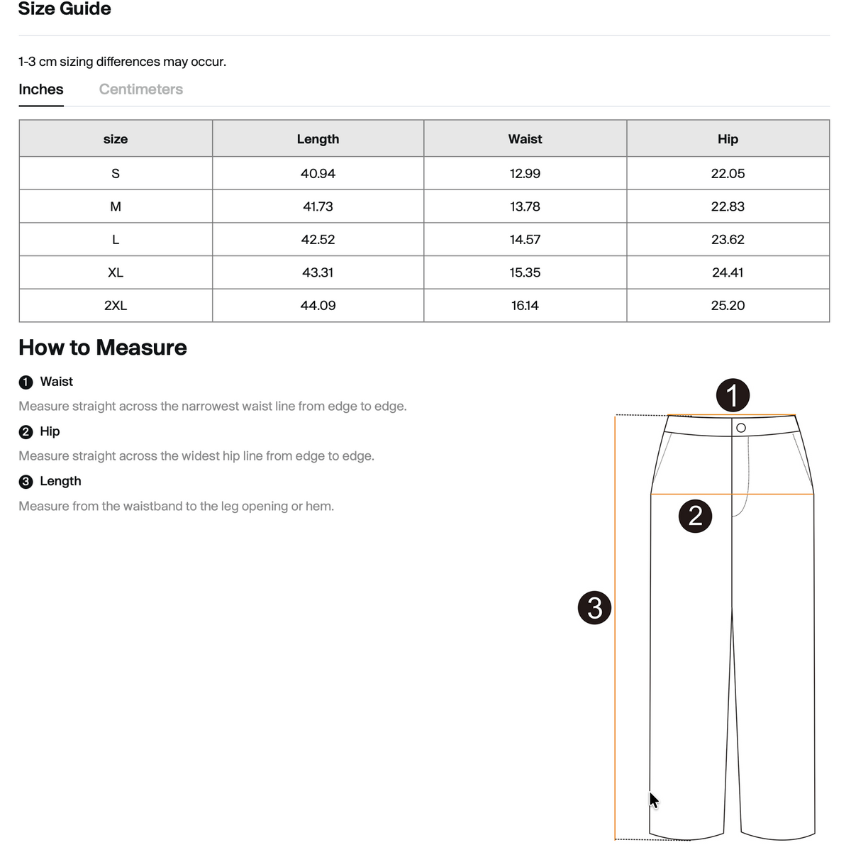 Size chart for WHYELUME Purpose Illuminated heavyweight sweatpants with waist, hip, and length measurements in inches