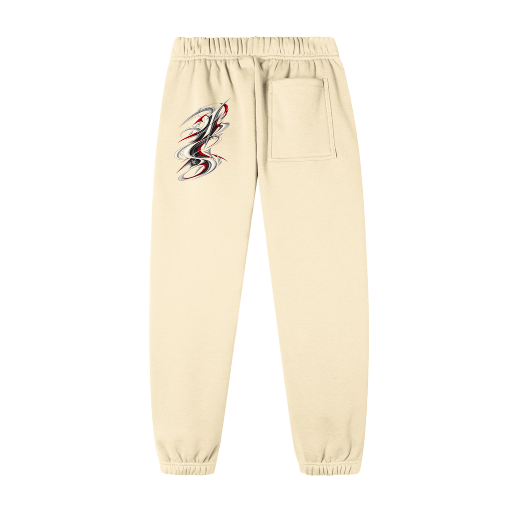 Back view of apricot WHYELUME Purpose Illuminated essential fleece sweatpants with small red back leg graphic