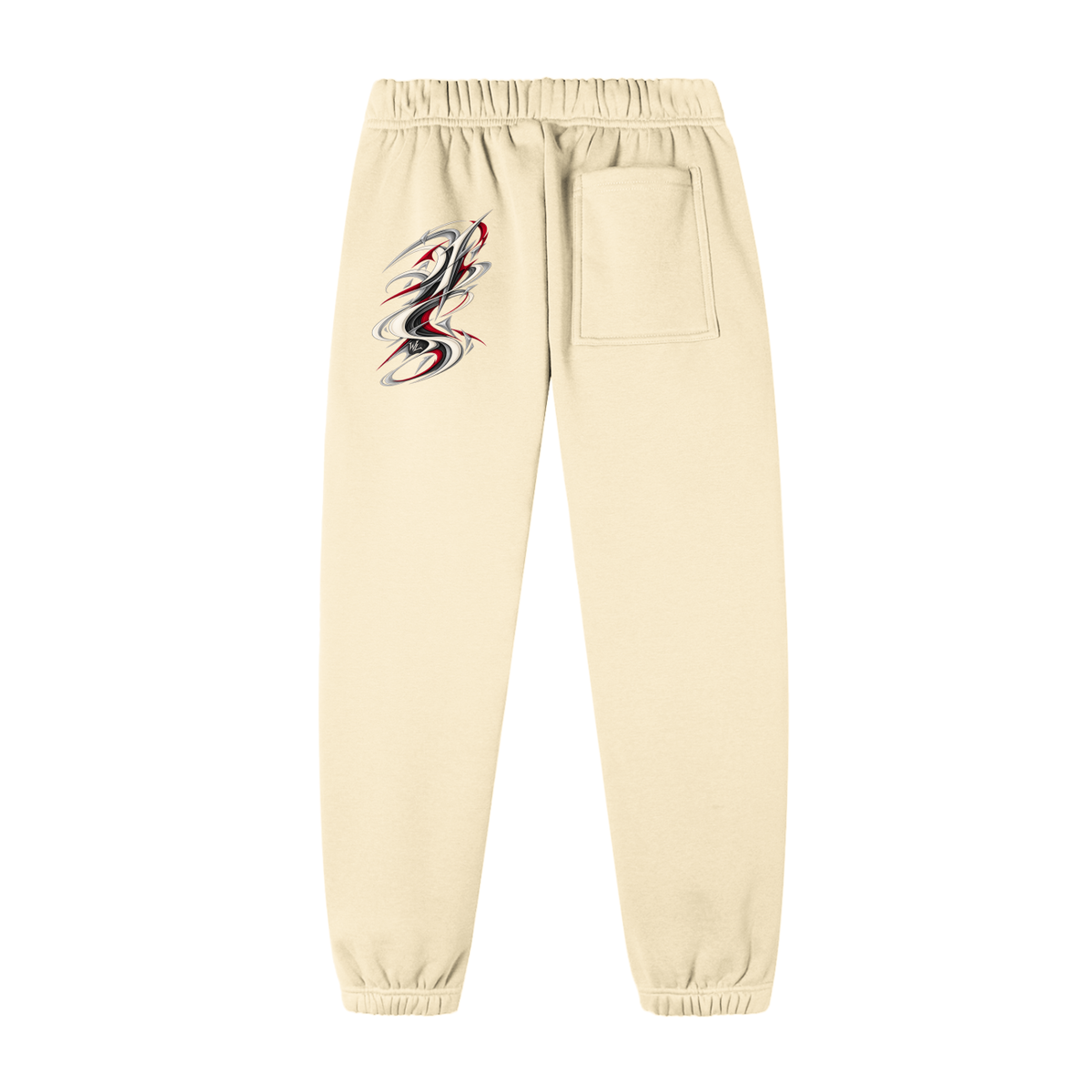 Back view of apricot WHYELUME Purpose Illuminated essential fleece sweatpants with small red back leg graphic