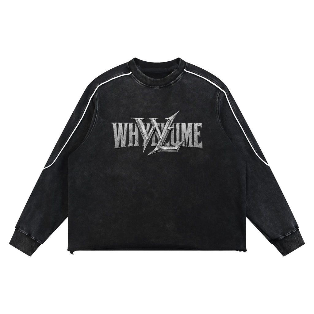 Front view of black mineral wash WHYELUME sweatshirt with silver chrome wordmark graphic and white piping