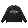 Front view of black mineral wash WHYELUME sweatshirt with silver chrome wordmark graphic and white piping