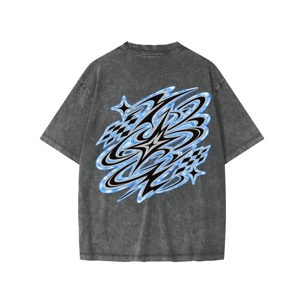 Back view of washed dark gray WHYELUME Kids Marble Motion tee with blue swirl graphic